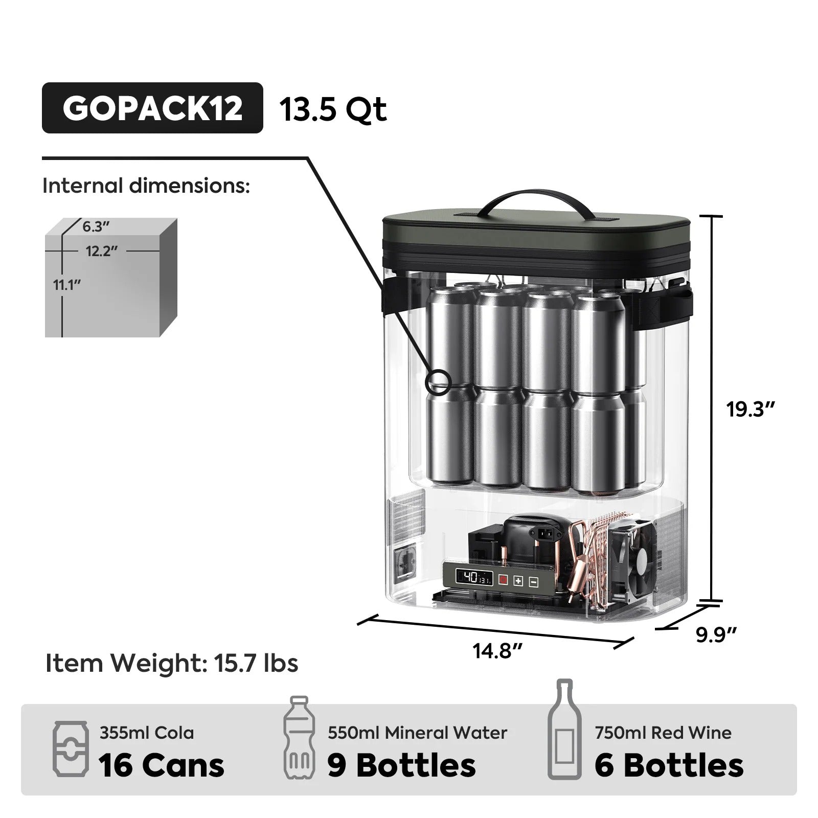 ICECO GoPack12 dimensions, weight and 13.5QT storage capacity