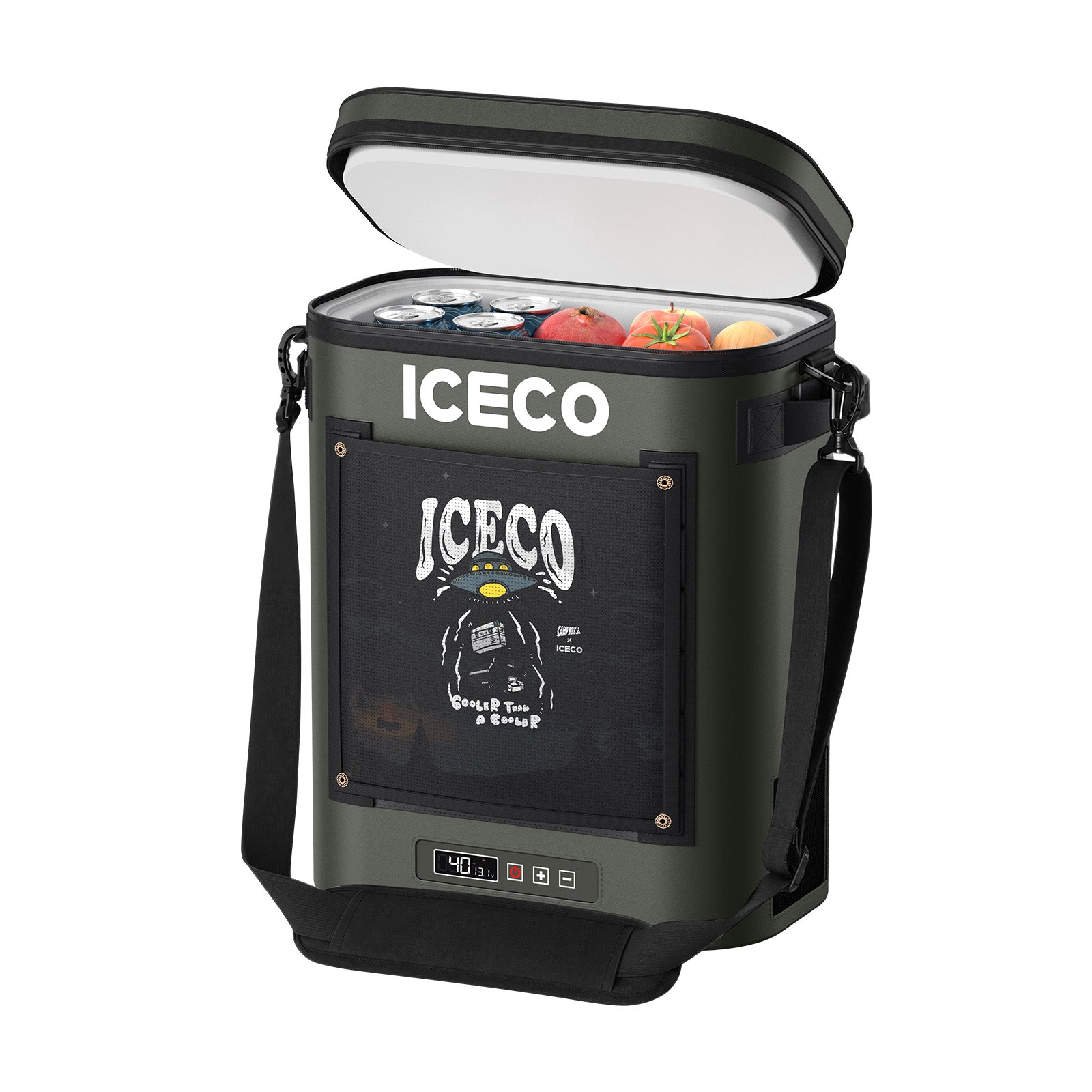 ICECO GoPack12 13.5QT portable fridge freezer loaded with food and drinks