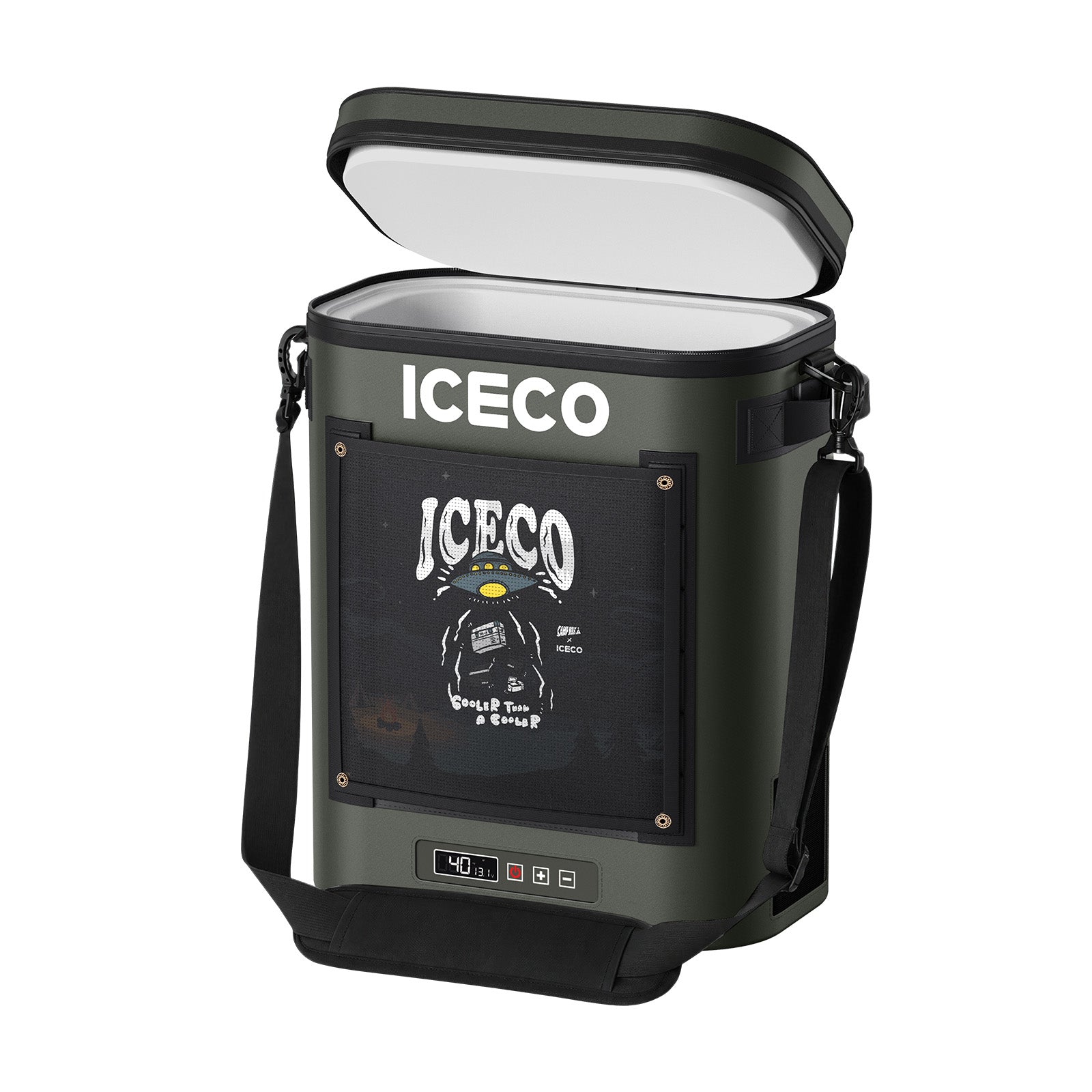 ICECO GoPack12 Grey portable fridge freezer with insulated lid open