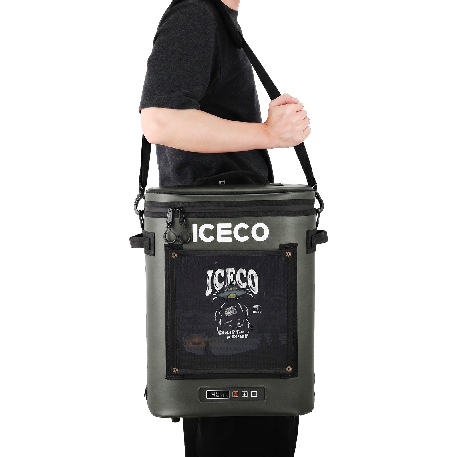 ICECO GoPack12 Grey portable fridge freezer carried with included shoulder strap